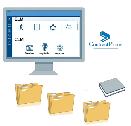 ContractPrime platform interface showcasing integrated ELM and CLM features.